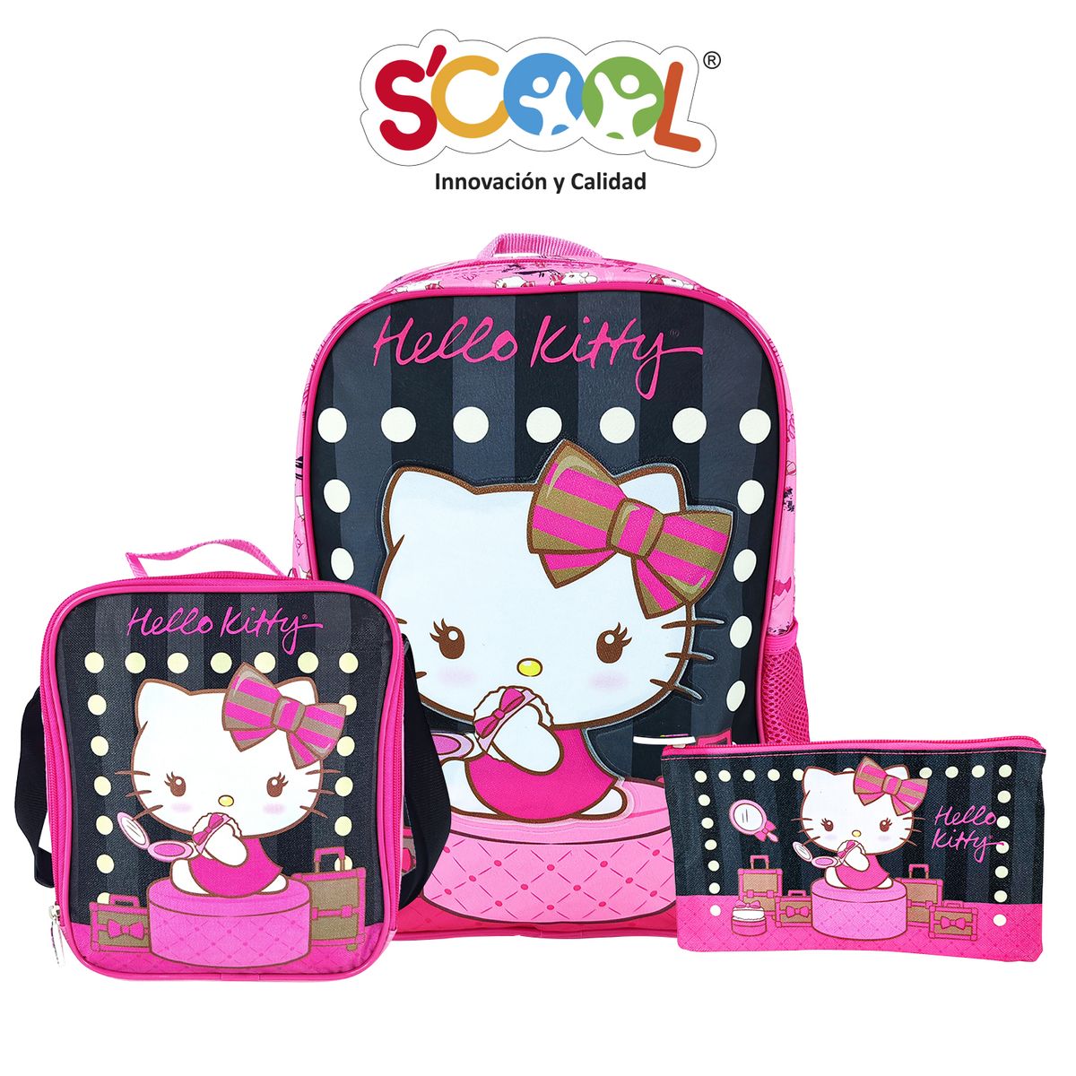 SCOOL - PACK DE MOCHILA  LONCHERA Y CARTUCHERA HELLO KITTY