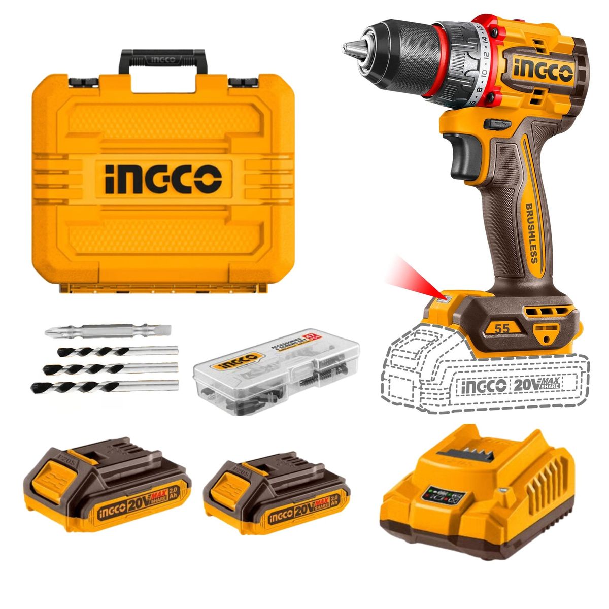 INGCO TOOLS - TALADRO PERCUTOR BRUSHLESS 55Nm 20V 2BATERIAS MALETA SET DE BROCAS