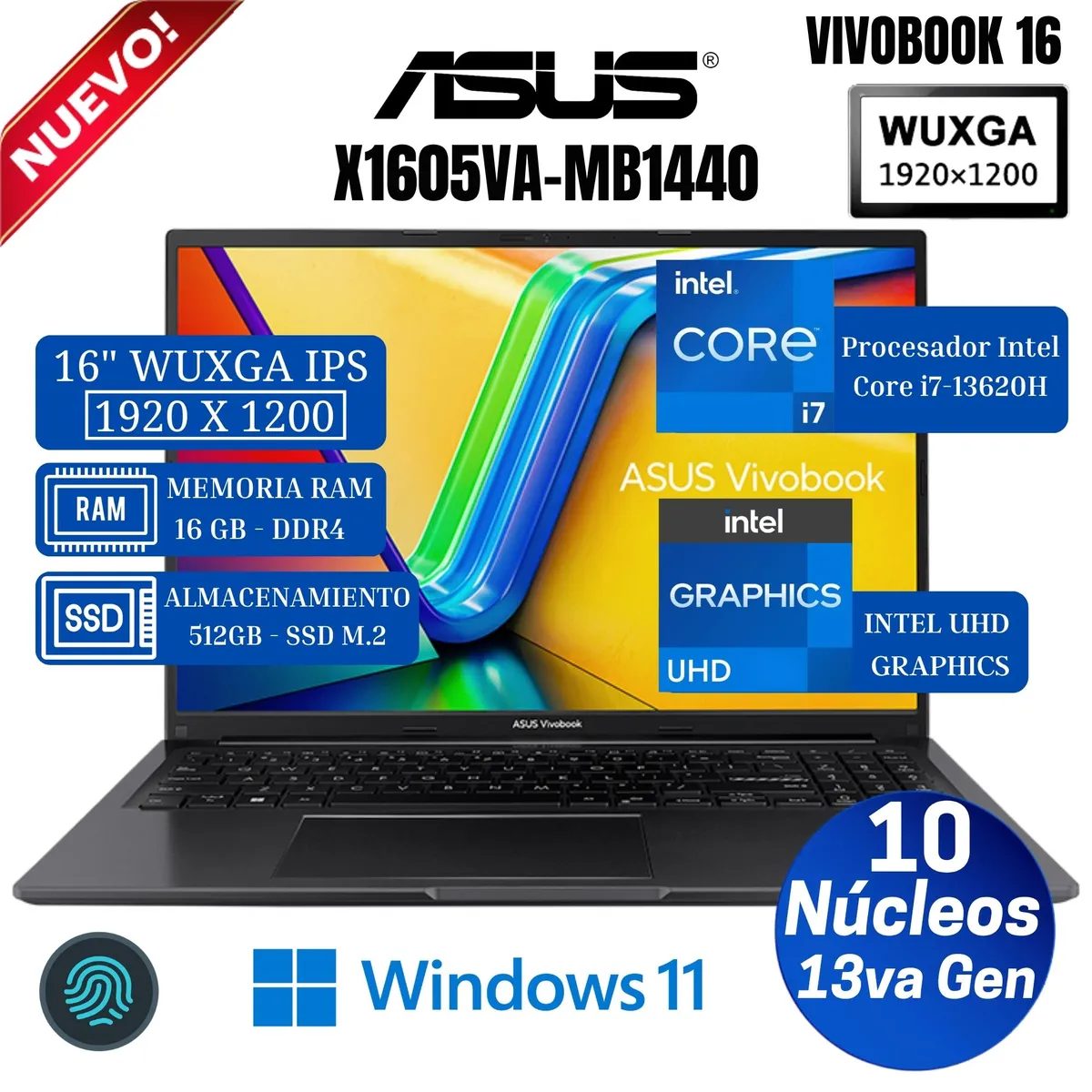 ASUS - Laptop Asus Vivobook X1605VA-MB1440 16” WUXGA  IPS, Core i7-13620H, Ram 16GB, Ssd 512GB, Win 11 Pro