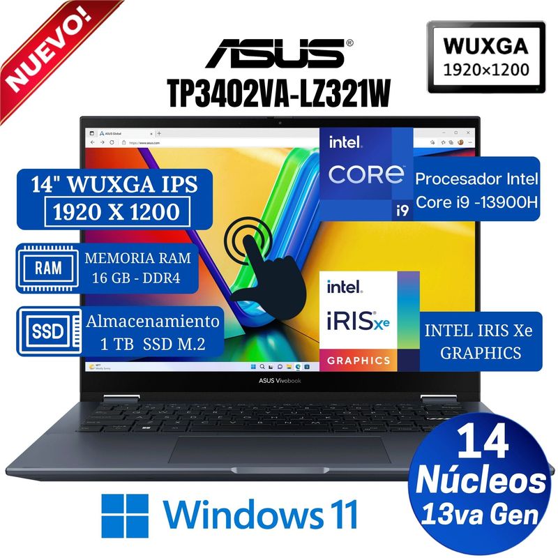ASUS - Laptop 2 en 1 Asus TP3402VA-LZ321W  14” WUXGA Táctil, Core i9-13900H, Ram 16GB, Ssd 1TB, Win 11