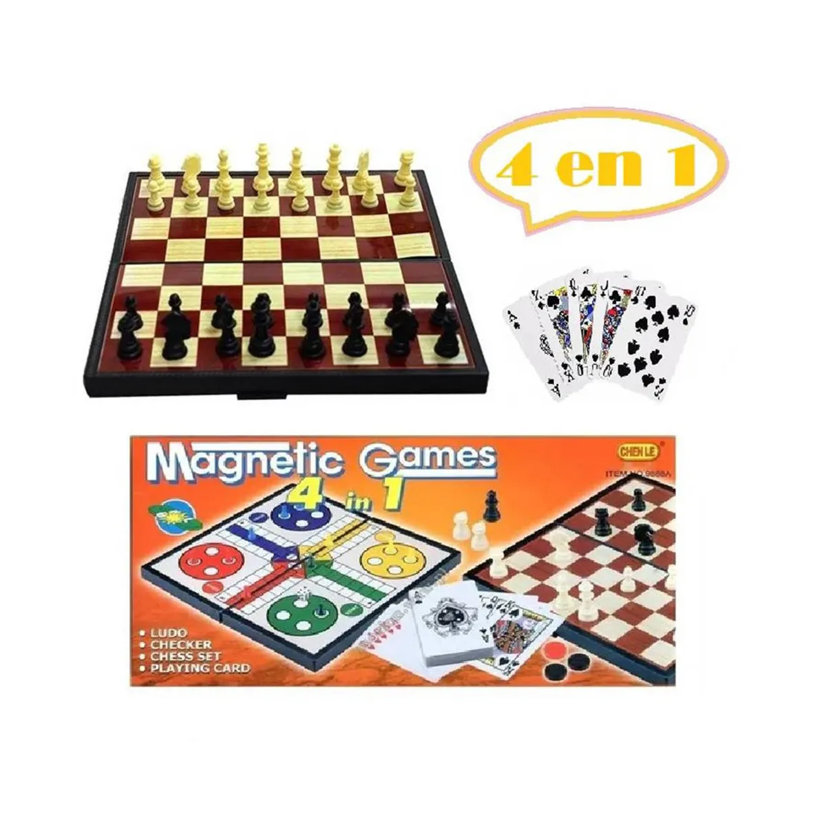 GENERICO - tablero de Ajedrez magnetico 4 en 1 ludo / cartas / damas