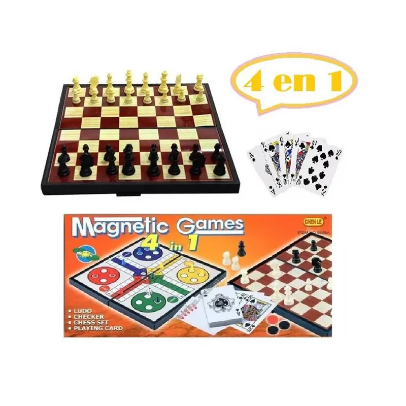 GENERICO - tablero de Ajedrez magnetico 4 en 1 ludo / cartas / damas