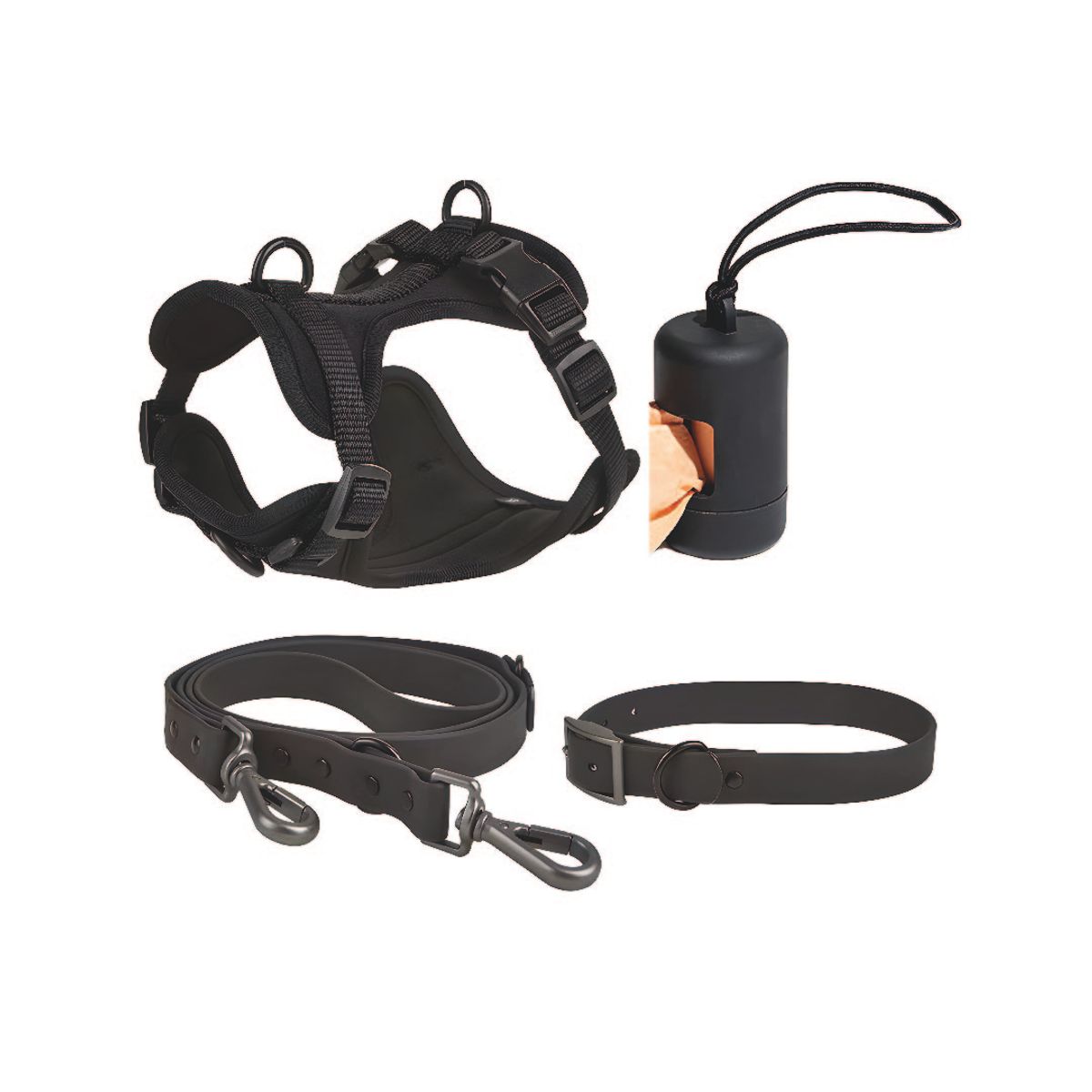 S&T - Pack Arnés + Collar + Correa + Dispensador Negro - Talla S