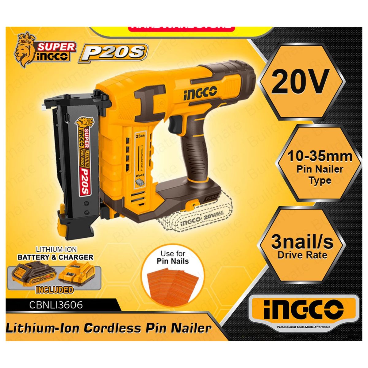 INGCO TOOLS - CLAVADORA INALAMBRICA 20V 35MM BATERIA 2A CARGADOR MALETA