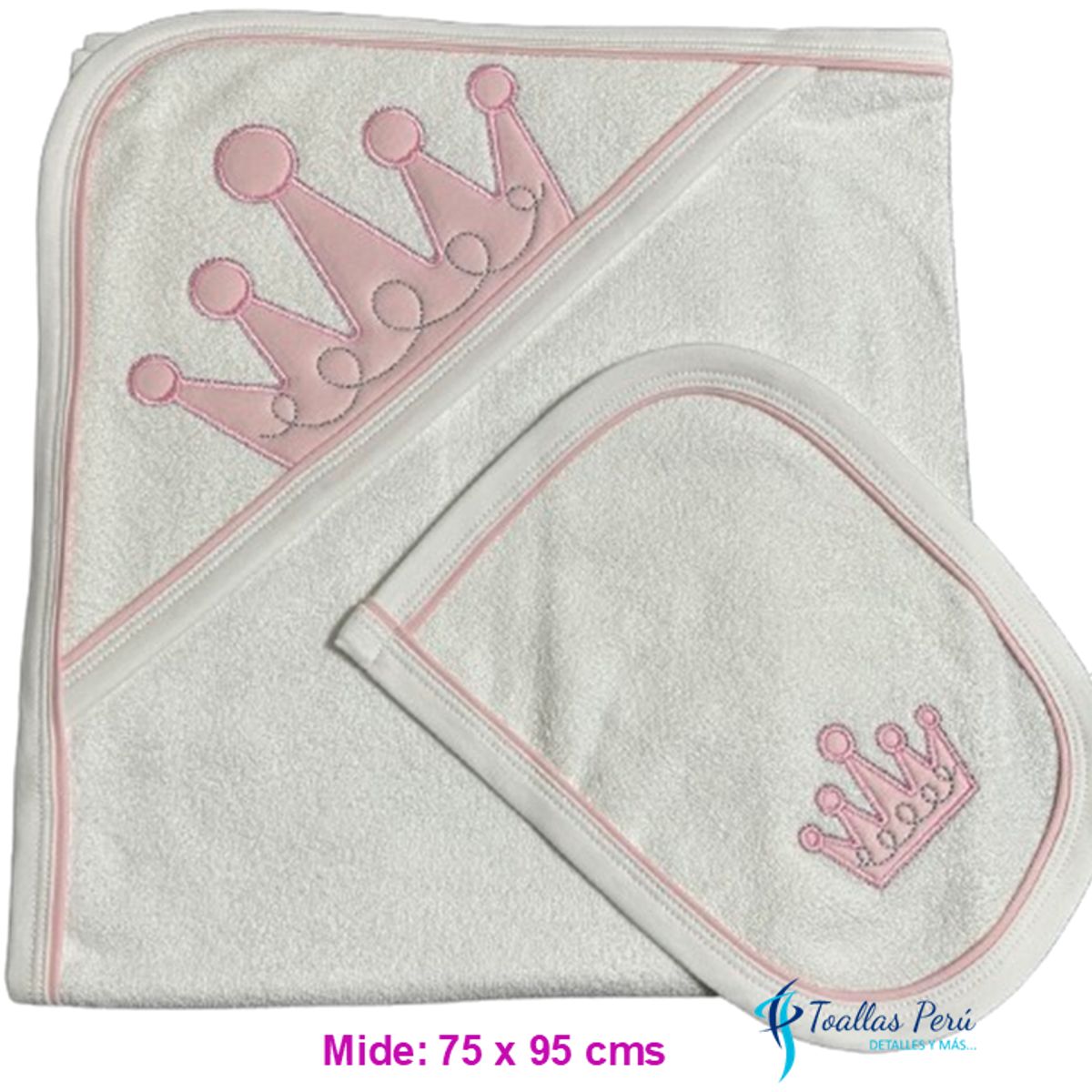 TOALLAS PERU DETALLES Y MAS - Toalla con Capucha Blanco-Rosada -Coronita- Felpa La Bellota