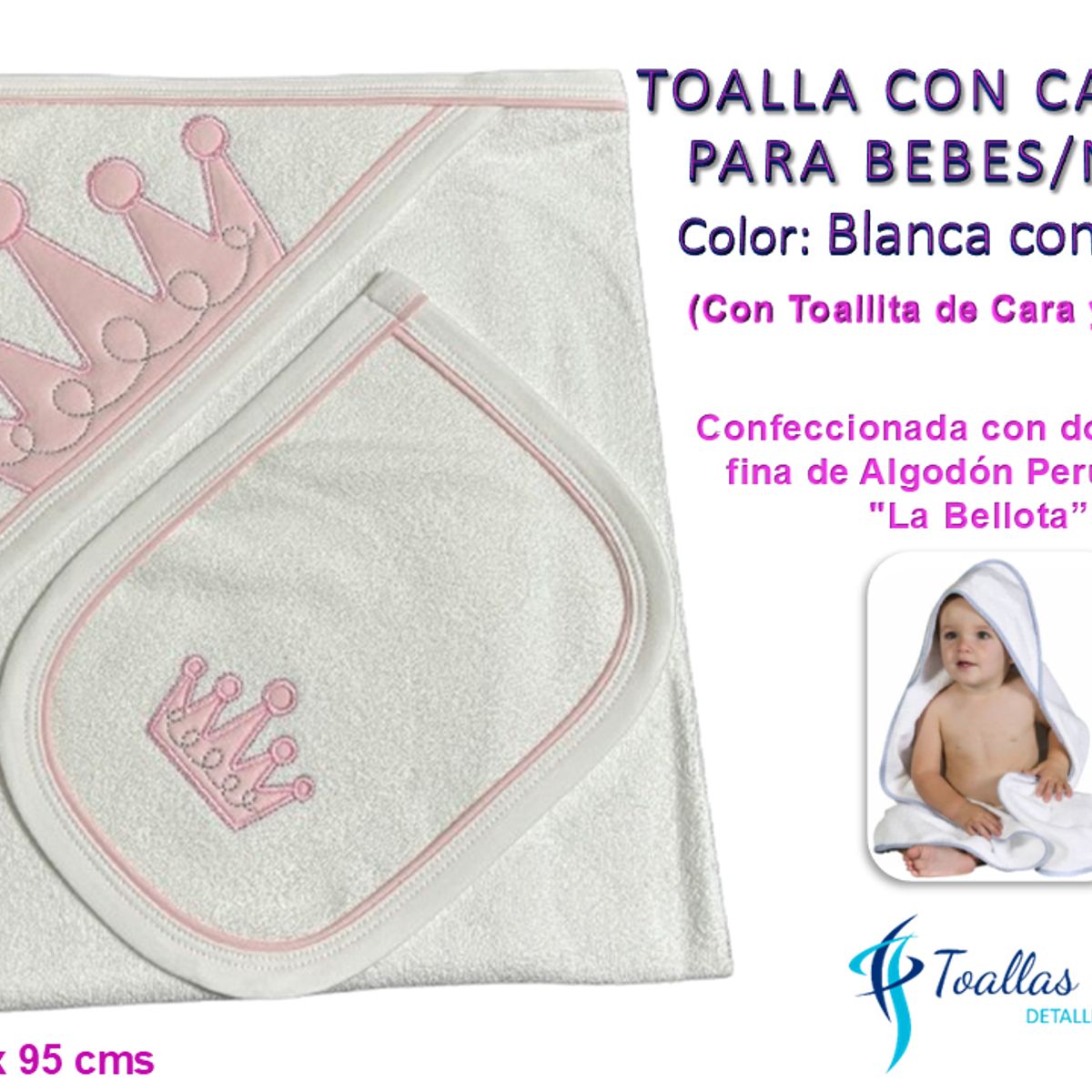 TOALLAS PERU DETALLES Y MAS - Toalla con Capucha Blanco-Rosada -Coronita- Felpa La Bellota