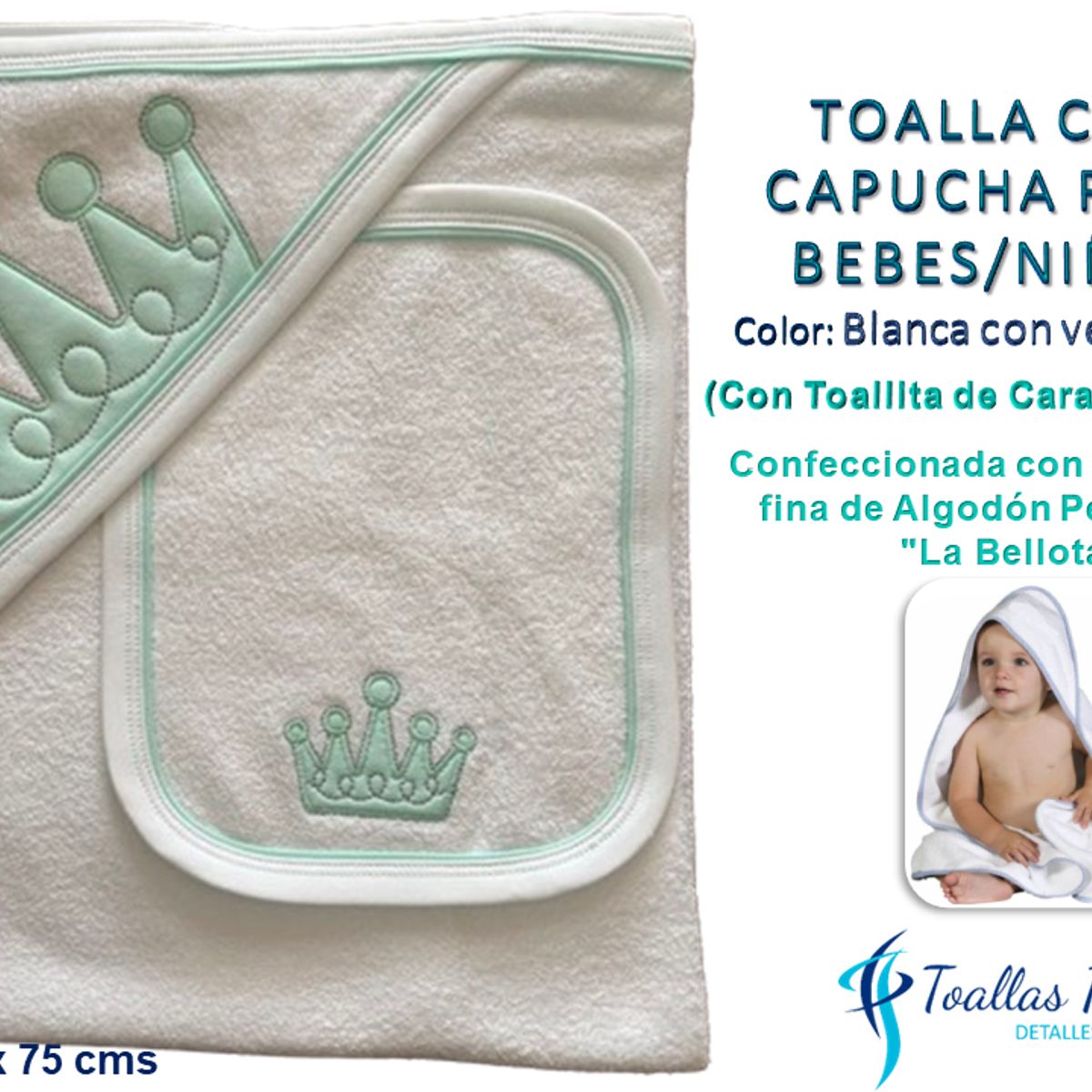 TOALLAS PERU DETALLES Y MAS - Toalla con Capucha Blanco-Verde-Agua - Coronita- Felpa La Bellota