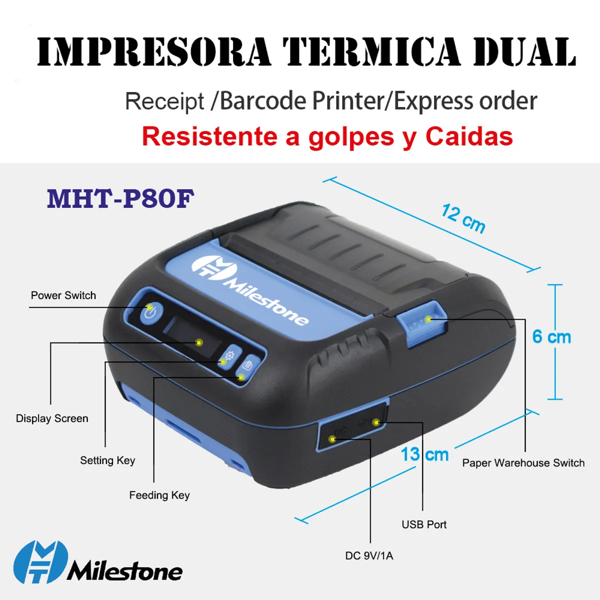 MILESTONE - impresora Portatil Termica Etiqueta y Ticket 80mm P80F