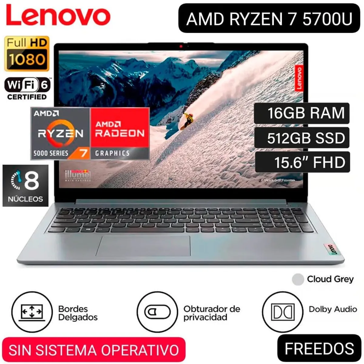 LENOVO - NOTEBOOK LENOVO IDEAPAD 1 15ALC7 (82R400ACLM) FHD 15.6" FREEDOS CLOUD GREY