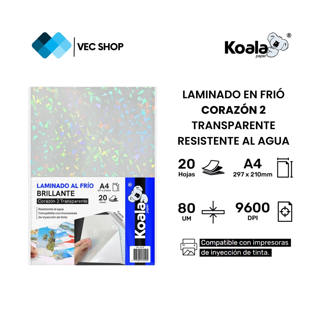 KOALA - Laminado en Frío Corazón 2 Transparente A4 20 hojas