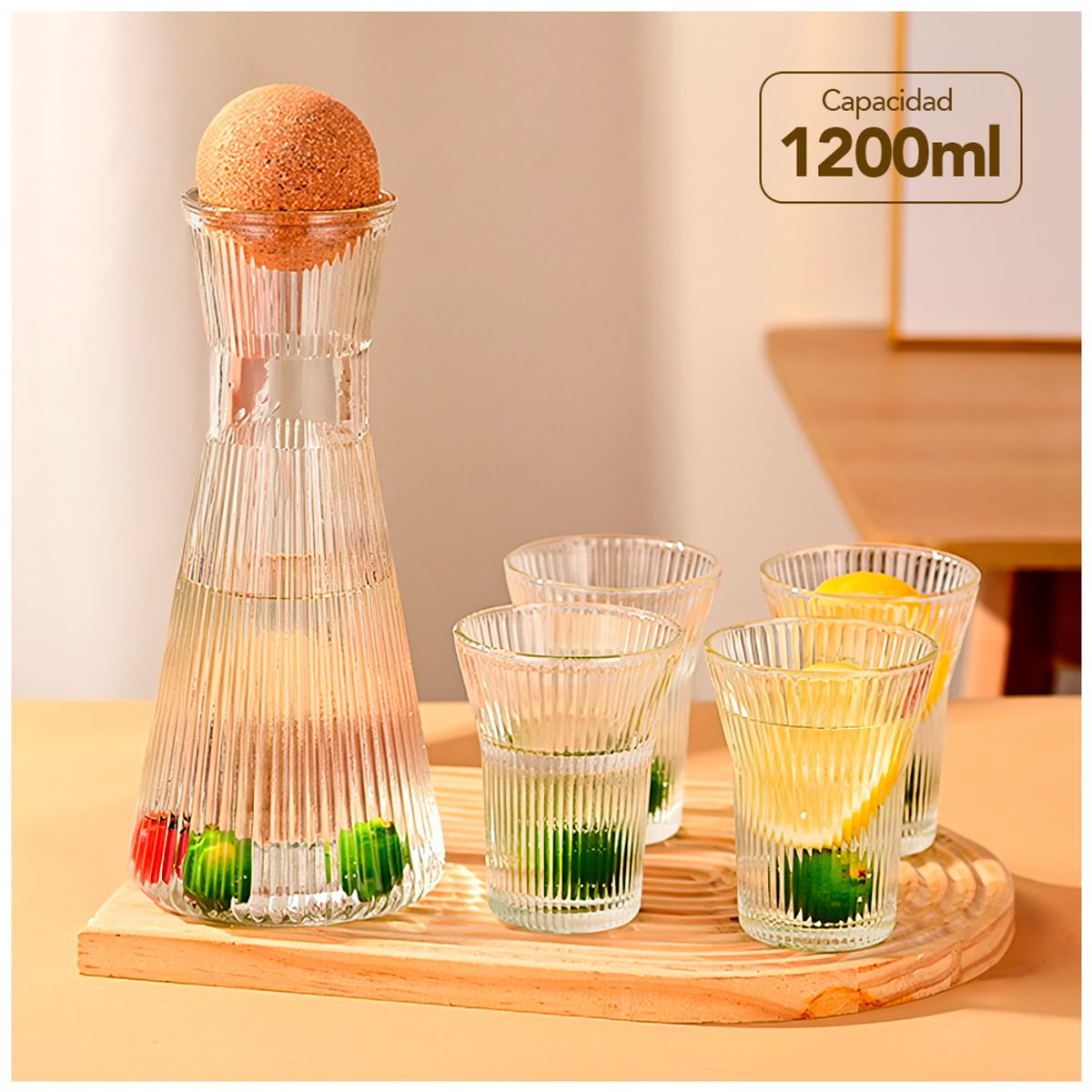 KELLER - Set Jarra de Vidrio 1200 ML con Tapa de Corcho + 4 Vasos MS4