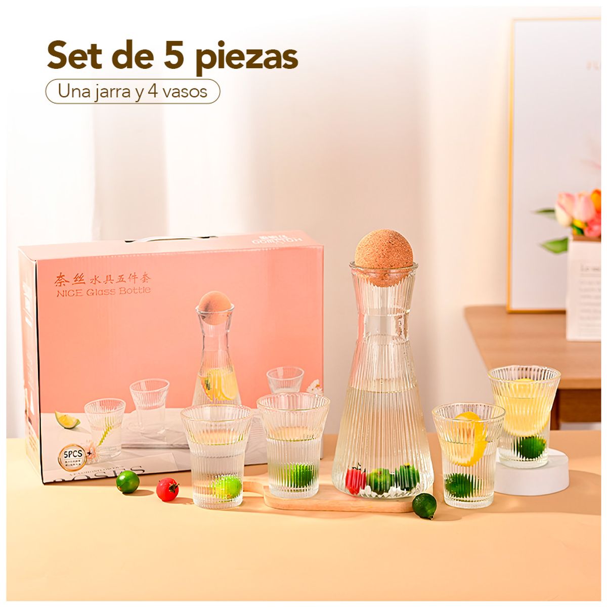 KELLER - Set Jarra de Vidrio 1200 ML con Tapa de Corcho + 4 Vasos MS4