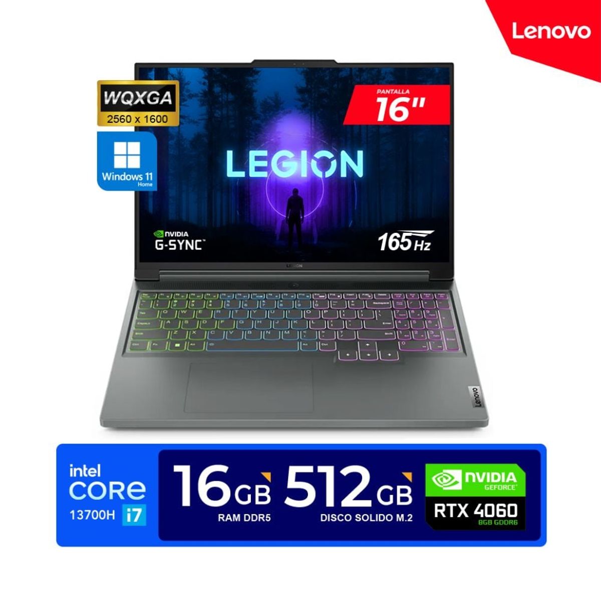 LENOVO - LAPTOP LENOVO LEGION SLIM 5 16" WQXGA IPS Core i7-13700H 2.4/5.0GHz 16GB DDR5 512GB RTX 4060 8G W11