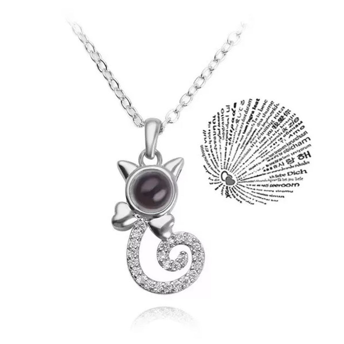 GENERICO - Collar gato plateado proyector te amo en 100 idiomas + cajita regalo