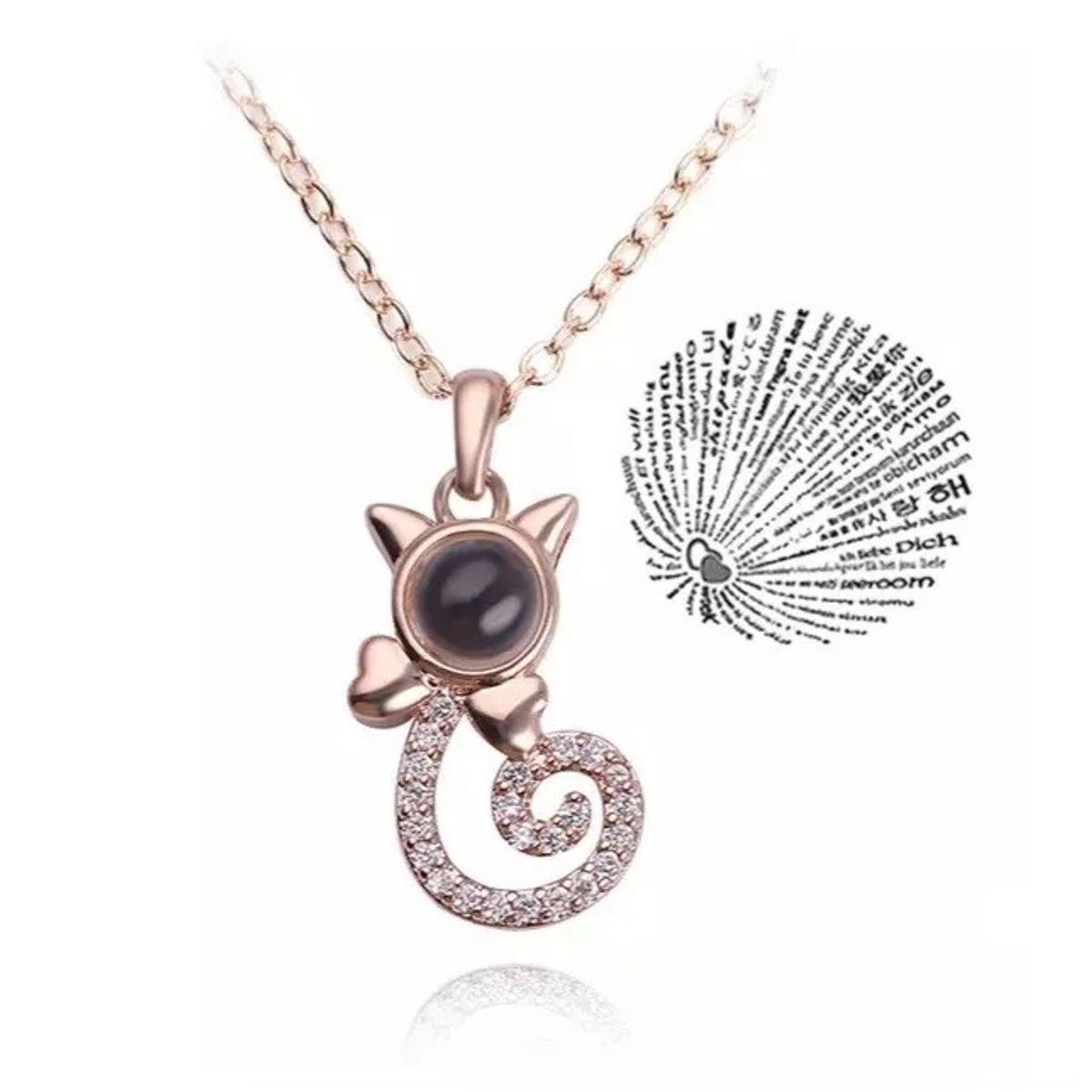 GENERICO - Collar gato oro rosa proyector te amo en 100 idiomas + cajita regalo