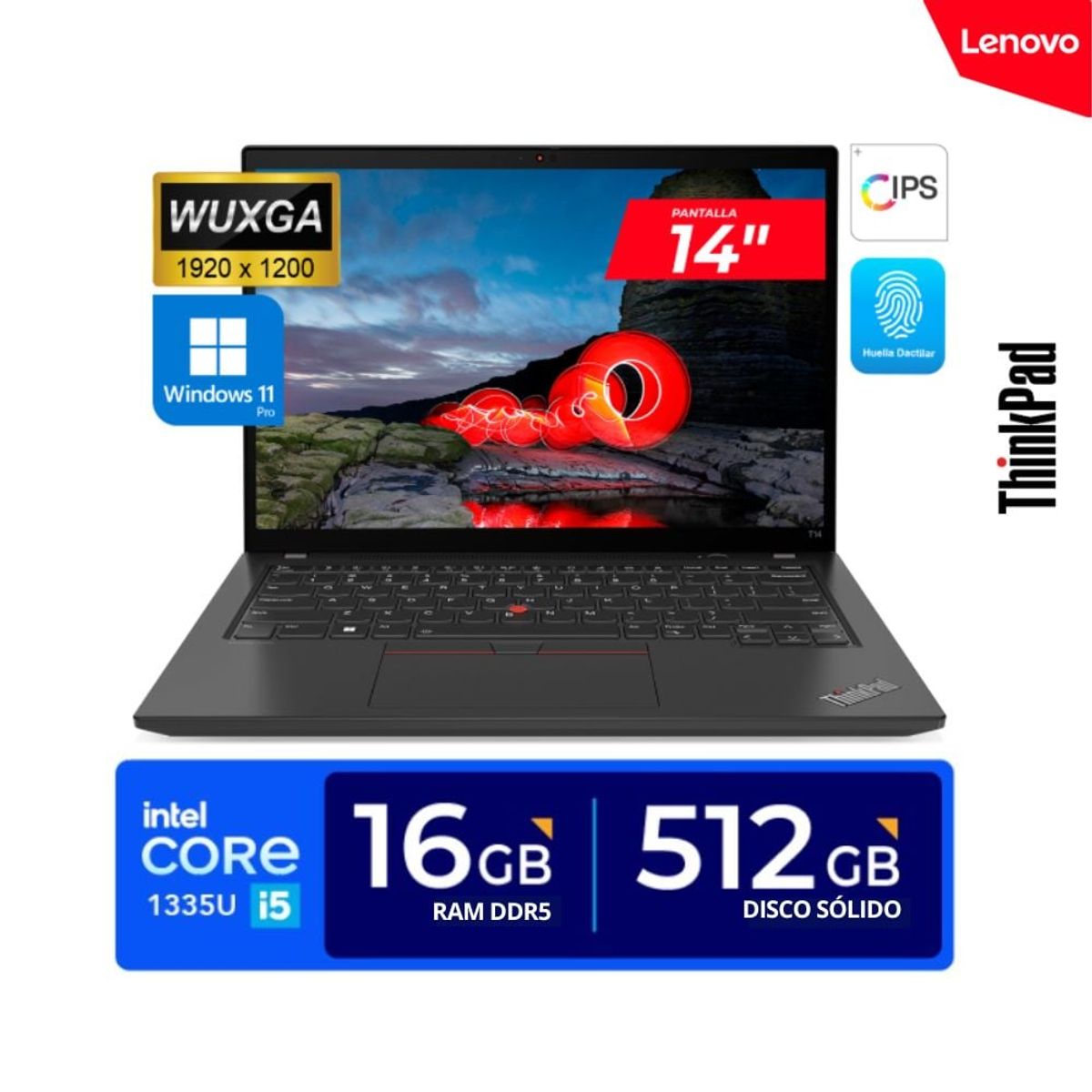 LENOVO - LAPTOP LENOVO ThinkPad T14 / 14″ WUXGA IPS / Core i5-1335U, 4.6GHz / 16GB DDR5  512GB SSD Win11 PRO