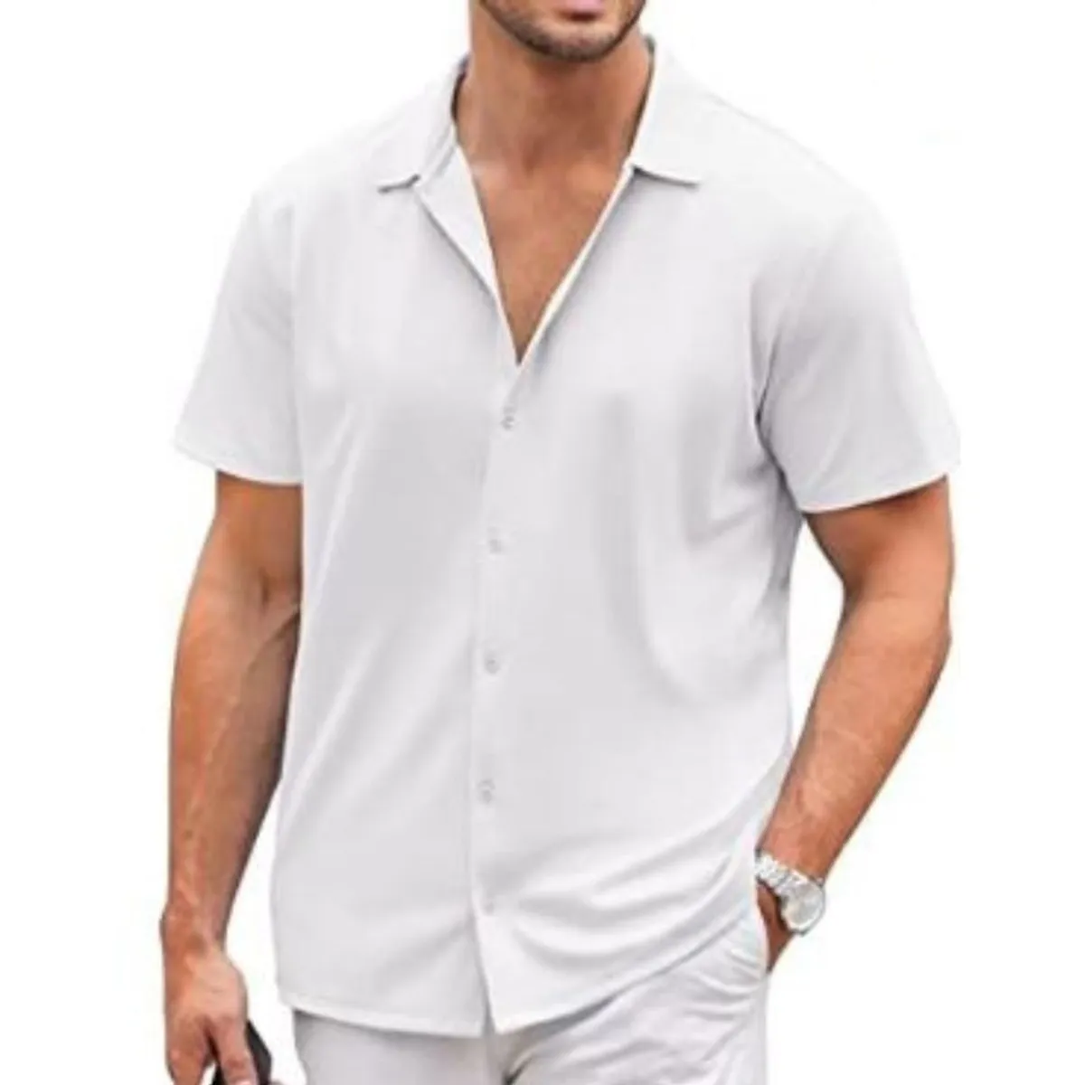 START FG - Camisa de Lino para hombre Blanca Manga corta Talla XL