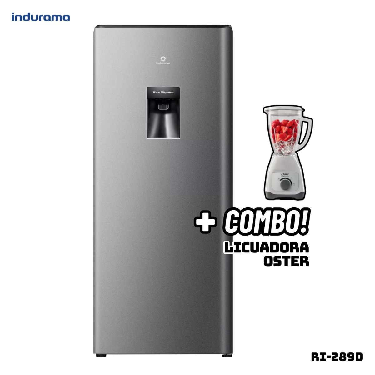 INDURAMA - REFRIGERADORA INDURAMA 177 L CON DISP DE AGUA PLATEADO - RI-289D + LICUADORA OSTER BLANCA