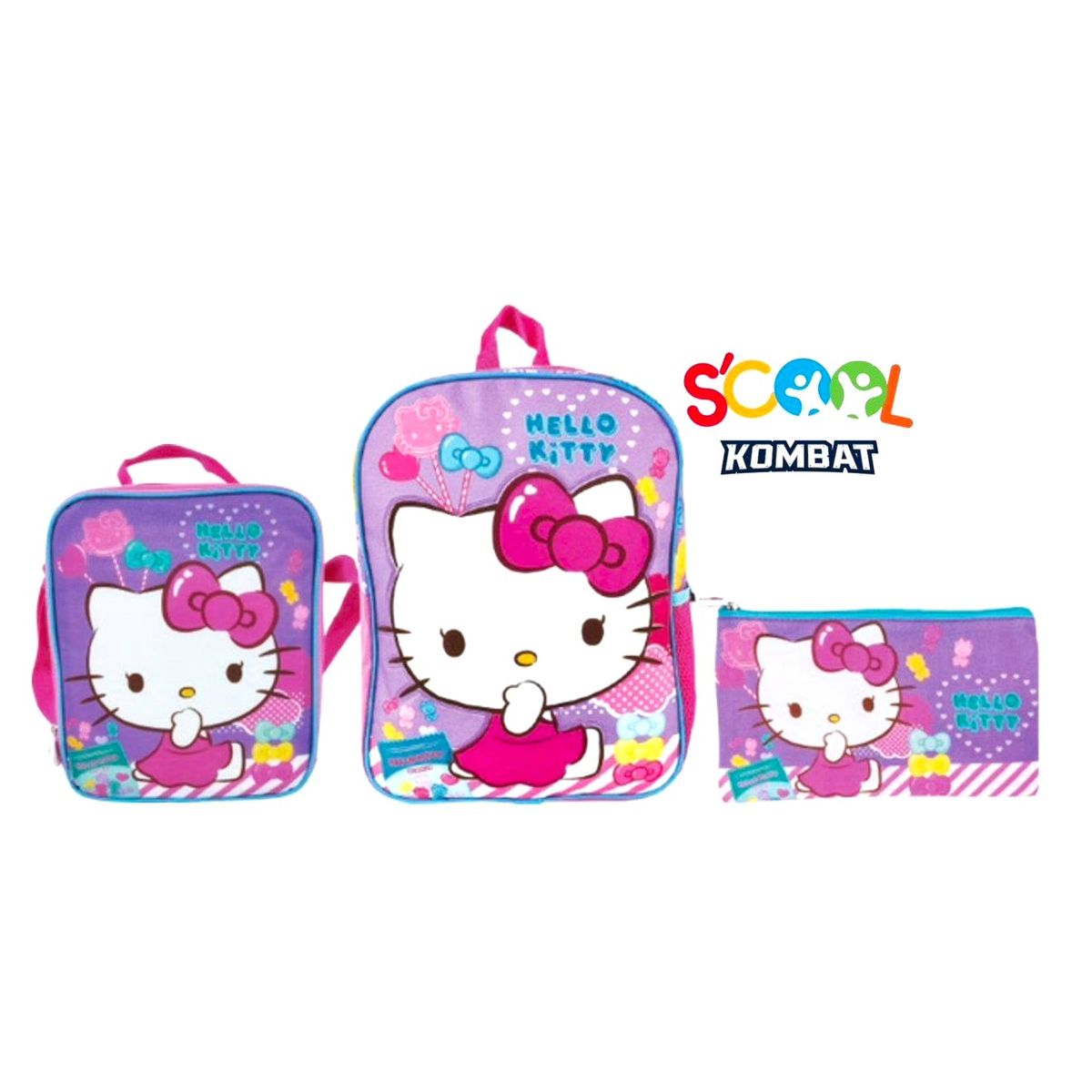SCOOL - Mochila, lonchera y cartuchera Set 3 en 1 diseño: Hello Kitty lazos