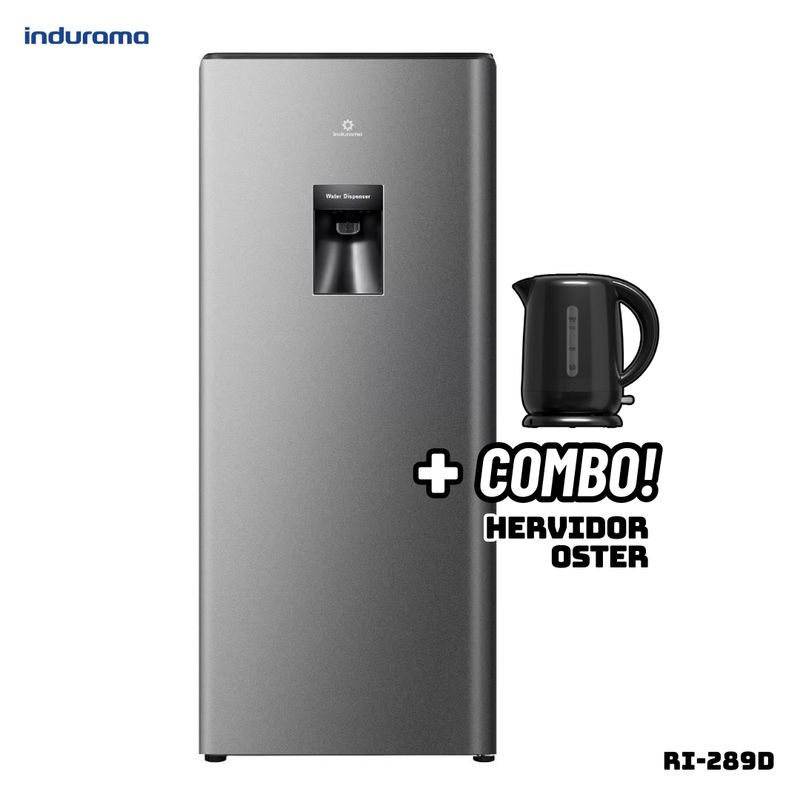 INDURAMA - REFRIGERADORA INDURAMA 177 L CON DISP DE AGUA PLATEADO - RI-289D + HERVIDOR OSTER NEGRO