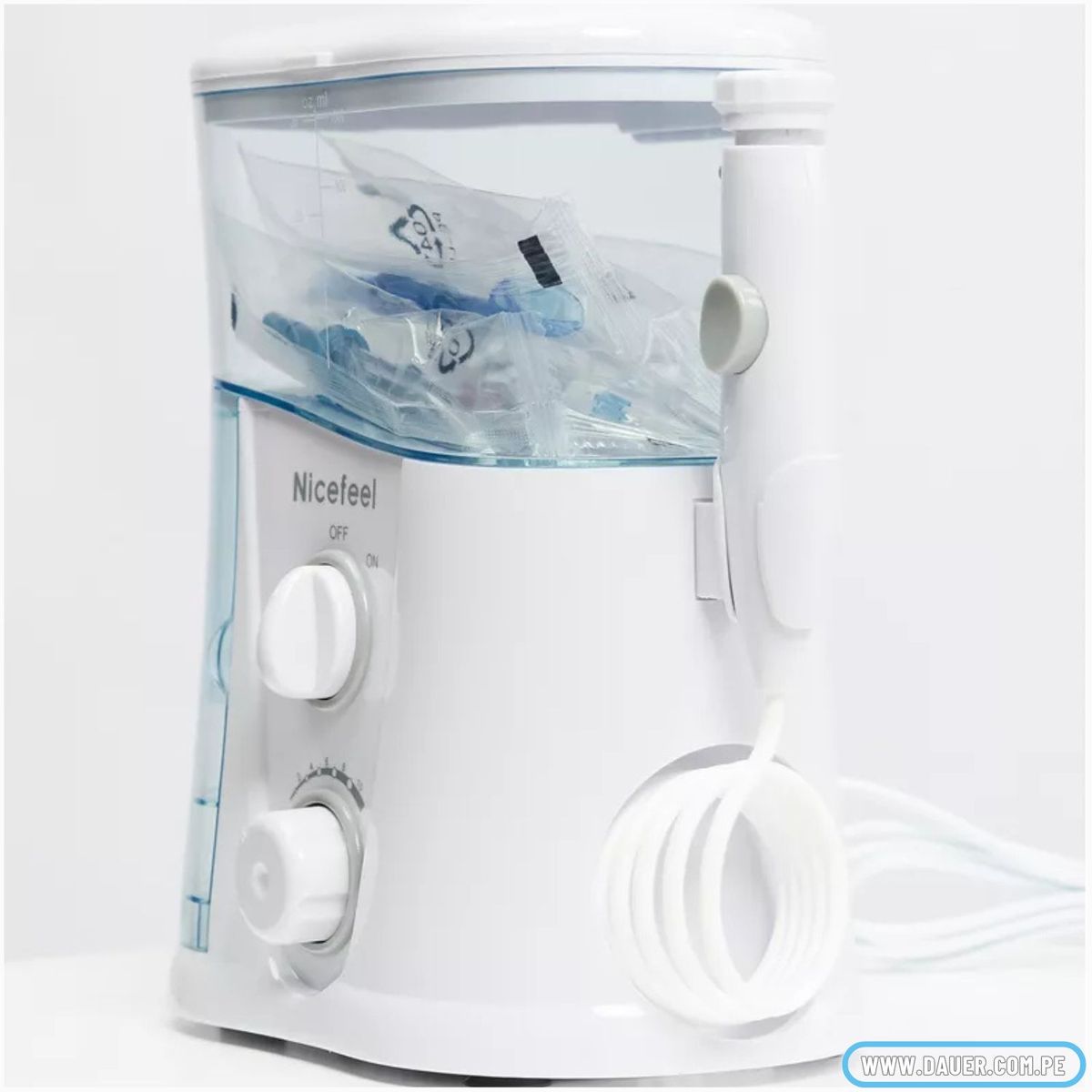DAUER - Irrigador Bucal Electrico Familiar 1000ml De 7 Boquillas Y 10 Niveles
