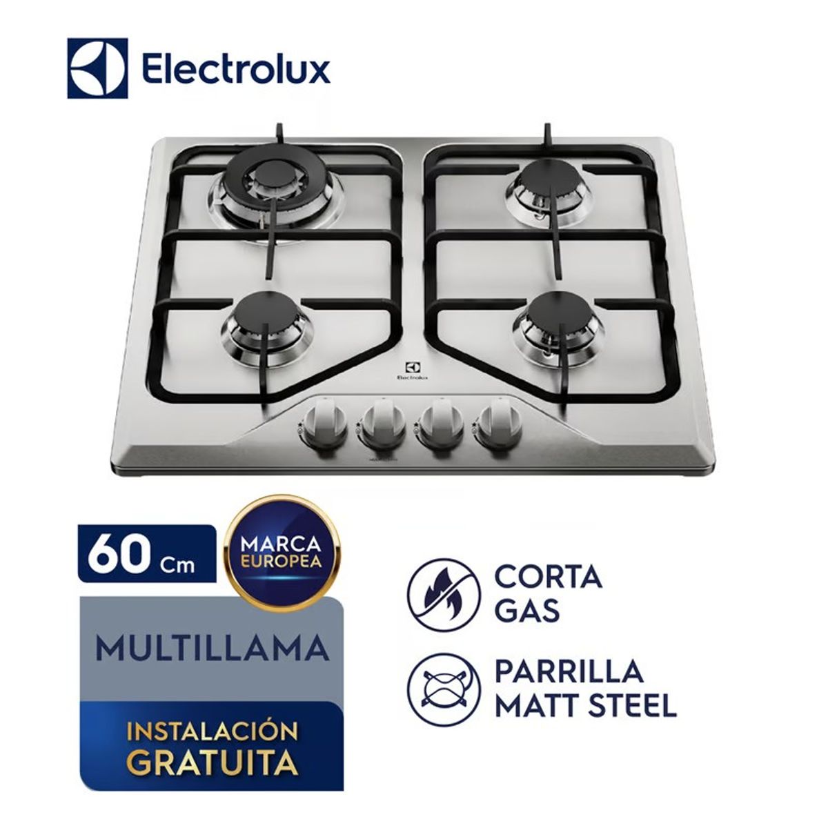 ELECTROLUX - Encimera 4 Hornillas Inoxidable a Gas KE4MX