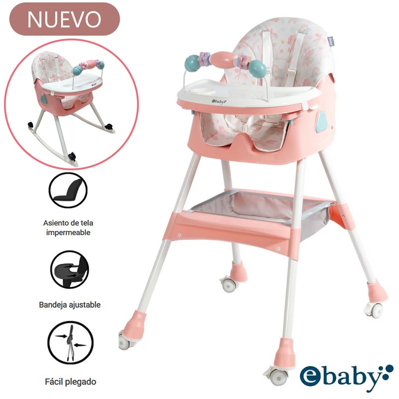 EBABY - Silla de Comer Asiento Reclinable con Ruedas DALI Rosado