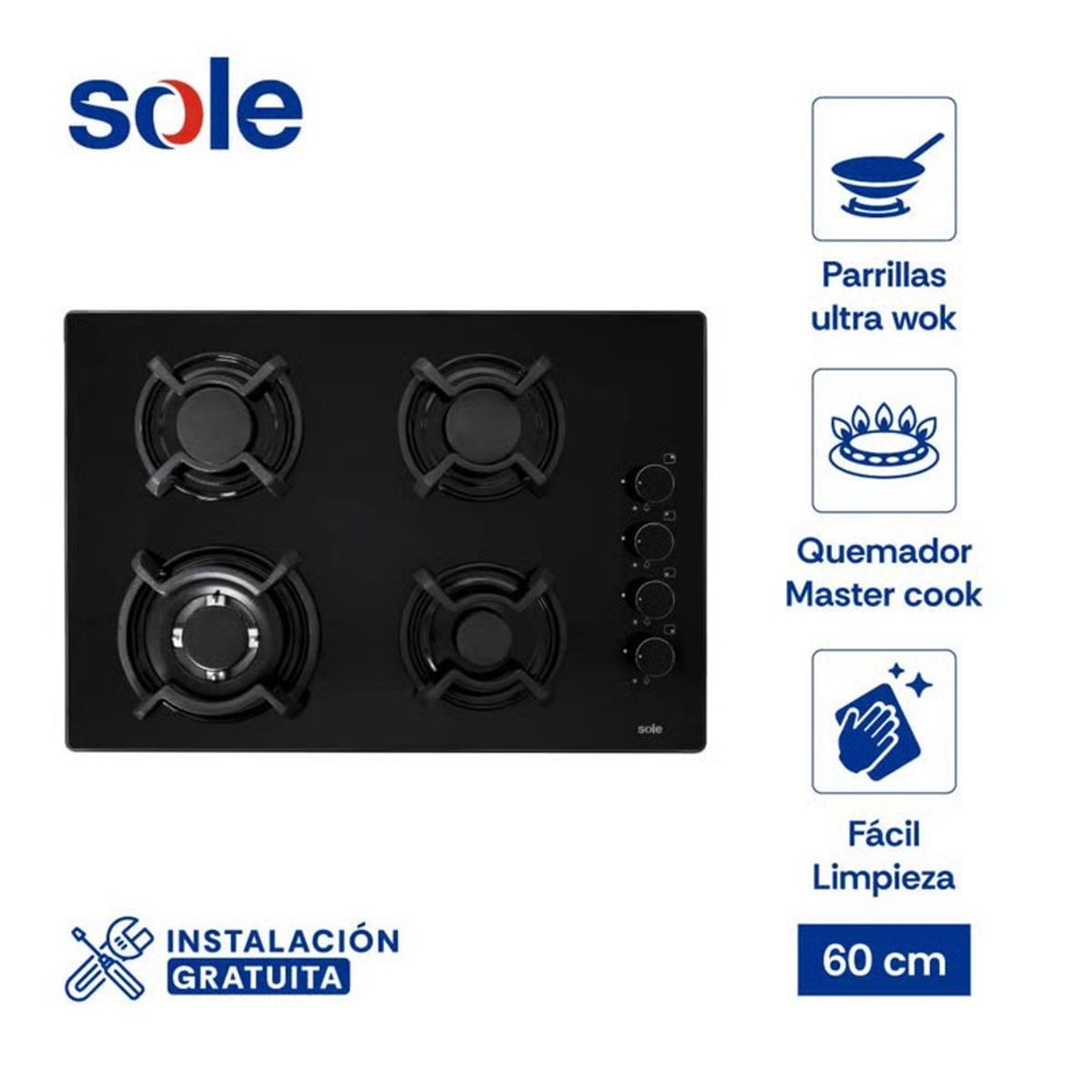 SOLE - ENCIMERA SOLE  4 QUEMADORES A GAS SOLCO047 NEGRO