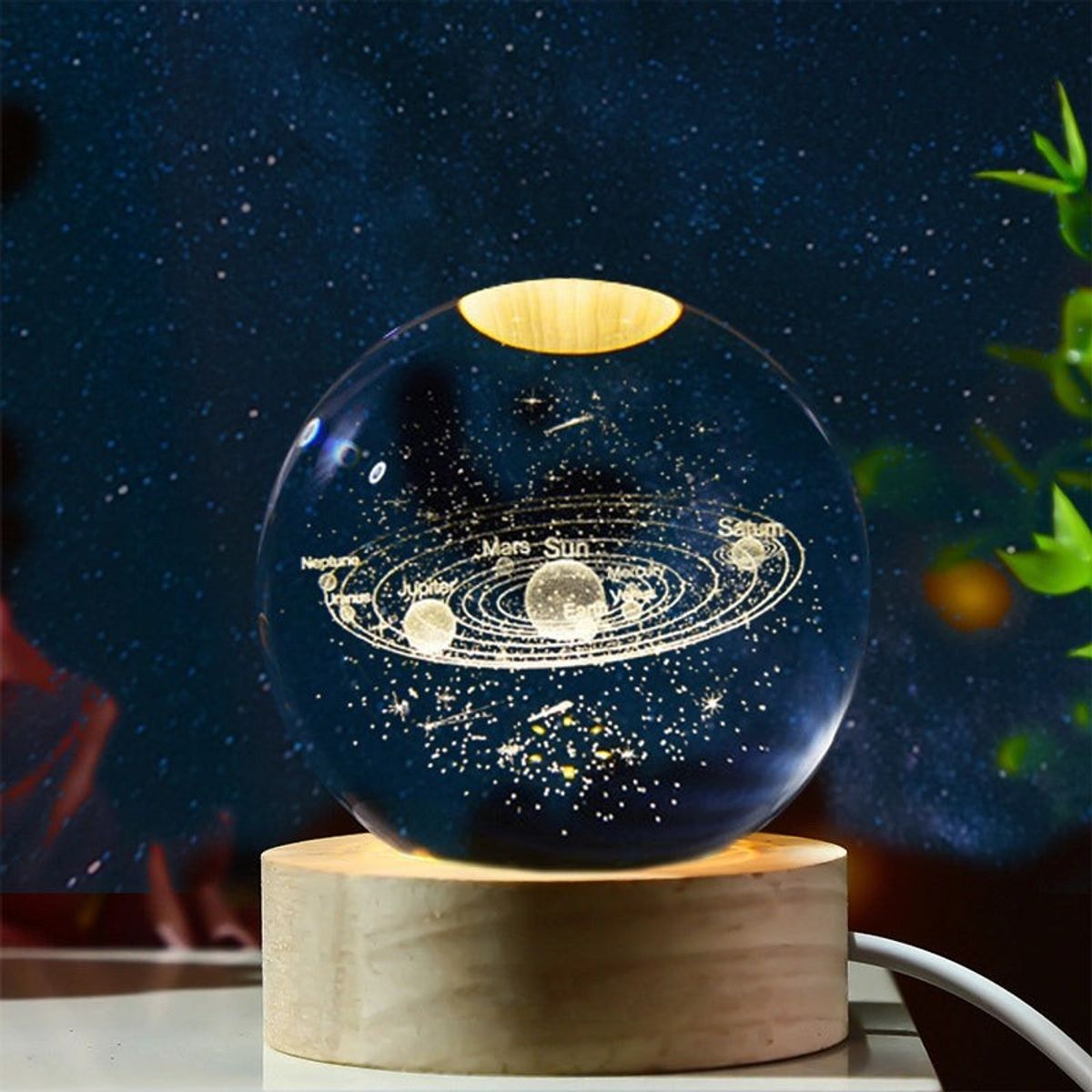 AURELA - GalacticSphere® - Bola de Cristal 3D con Diseño de Sistema Solar con Iluminación y Base de Madera