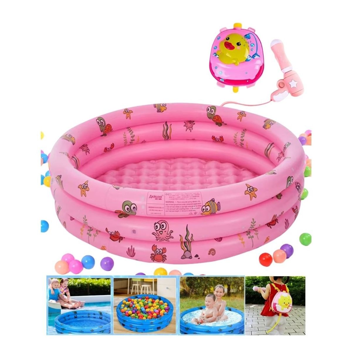 GENERICO - Piscina Inflable Grande Mundo Marino XXL Rosa +Chisguete Mochila Patito
