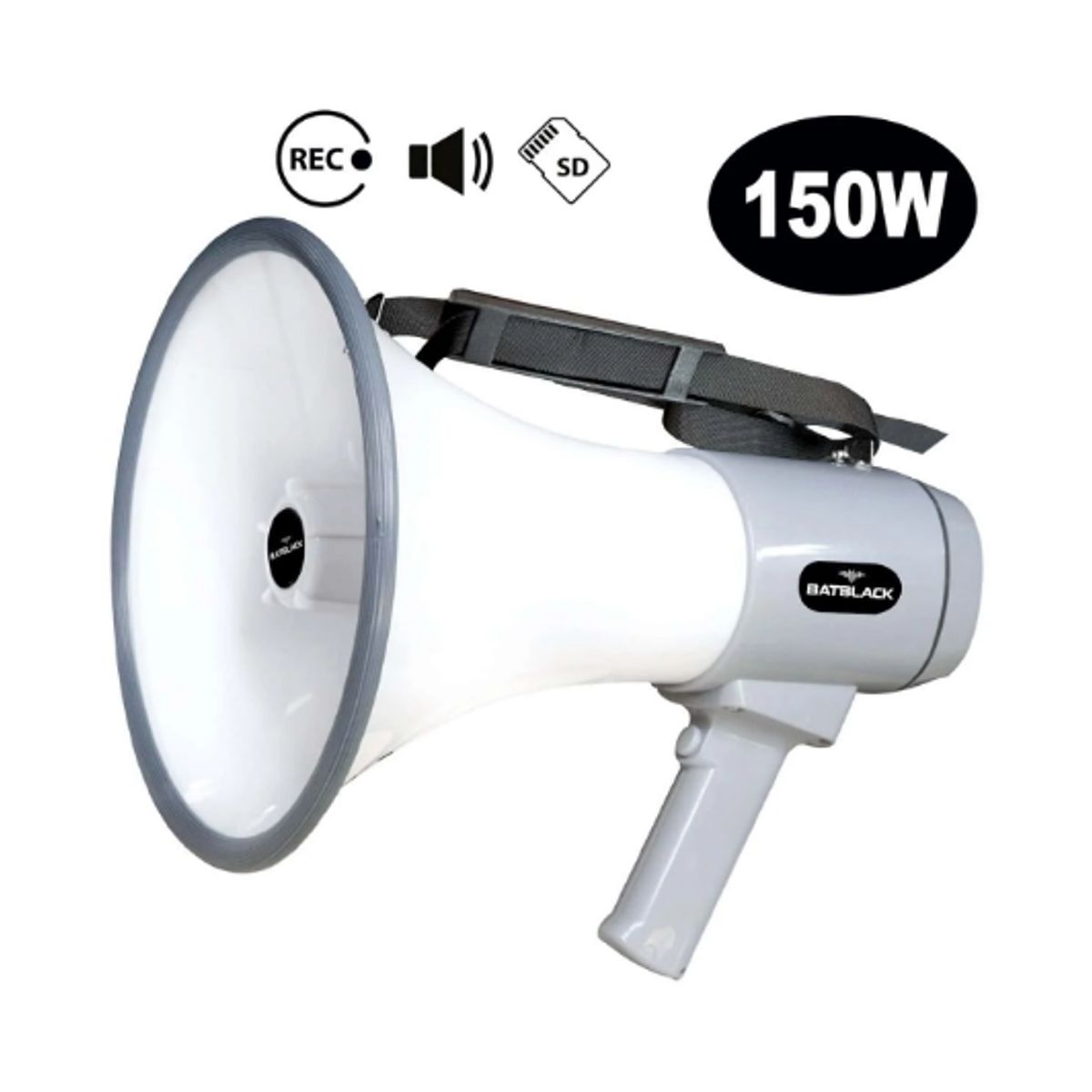 BATBLACK - Megáfono Recargable 150W con Sistema de Grabación Sirena Blth y USB