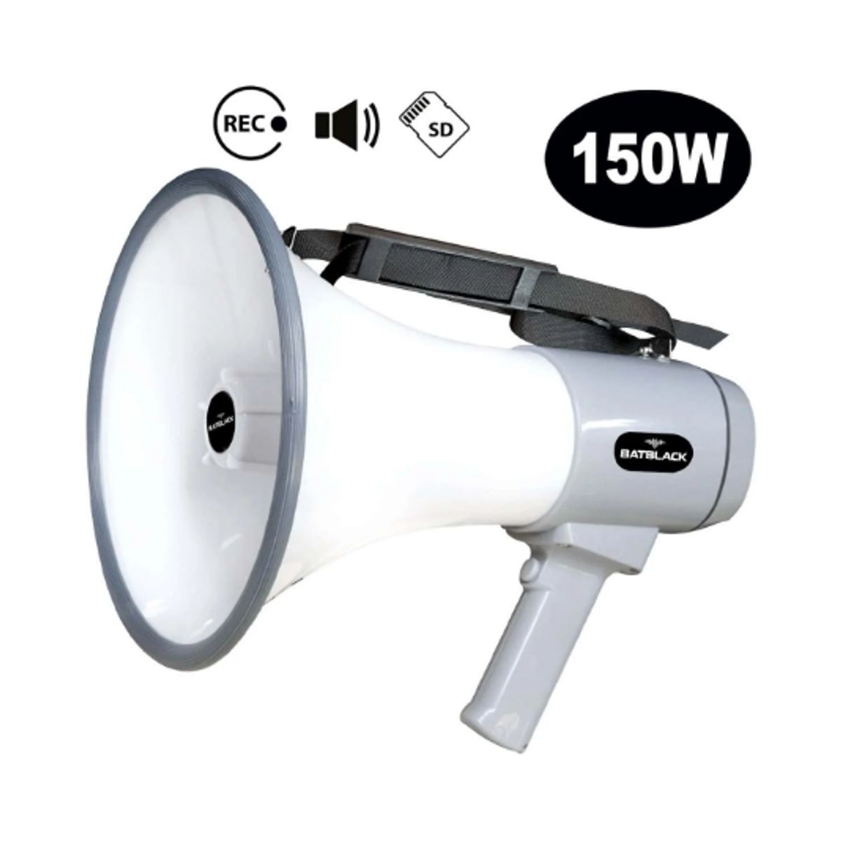 BATBLACK - Megáfono Recargable 150W con Sistema de Grabación Sirena Blth y USB