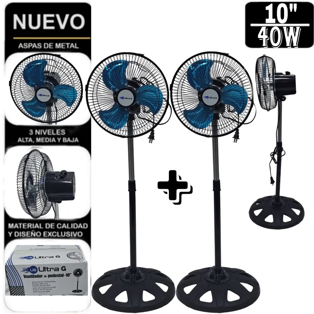 UG ULTRA G - PACK DE 2 Ventilador Pedestal de 10 Negro 40W ULTRA G