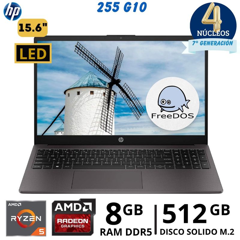 HP - Laptop Hp 255 G10 AMD Ryzen 5 - 7520U 15.6"HD, Ram 8Gb, SSD 512Gb, FreeDos