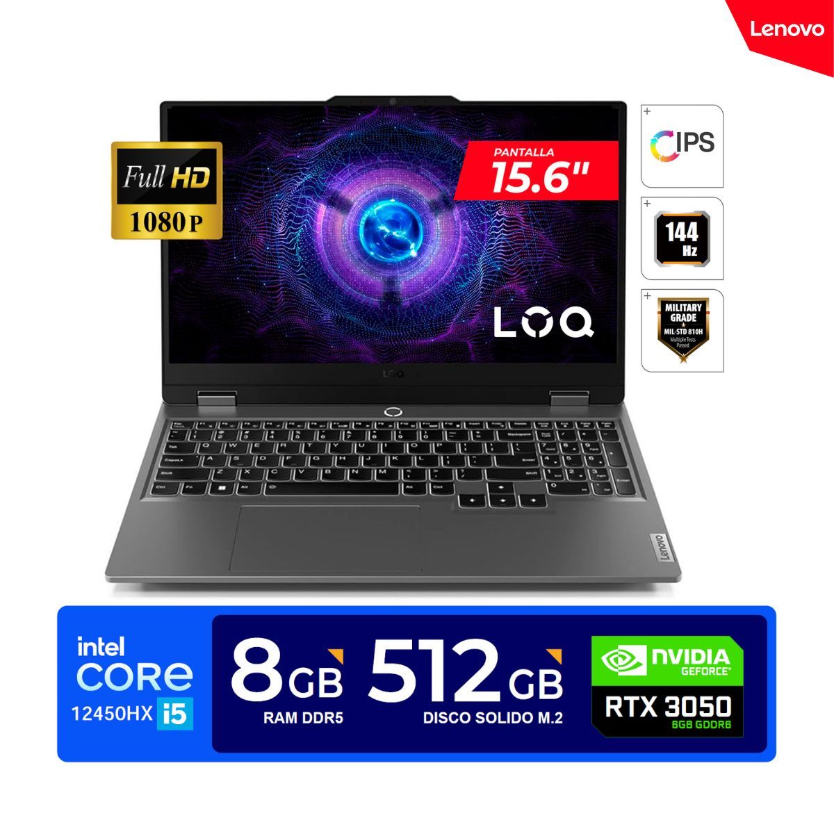 LENOVO - LAPTOP LENOVO LOQ 15.6'' FHD Core i5-12450HX, 4.40GHz / 8GB DDR5, 512GB SSD / RTX 3050 6GB / FREEDOS