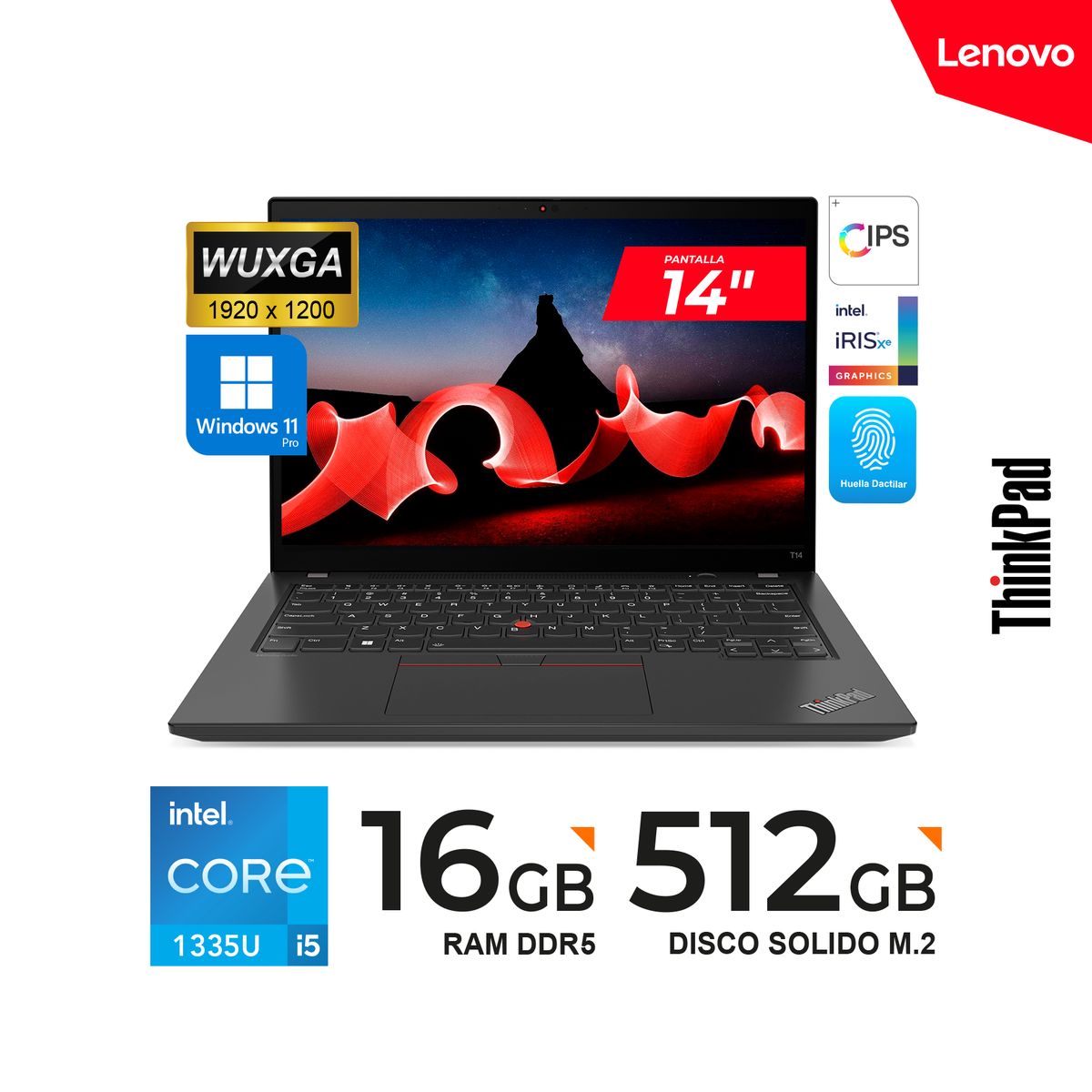 LENOVO - LAPTOP LENOVO ThinkPad T14 14″ WUXGA IPS  Core i5-1335U / 16GB DDR5 / 512GB SSD /  Win11 PRO