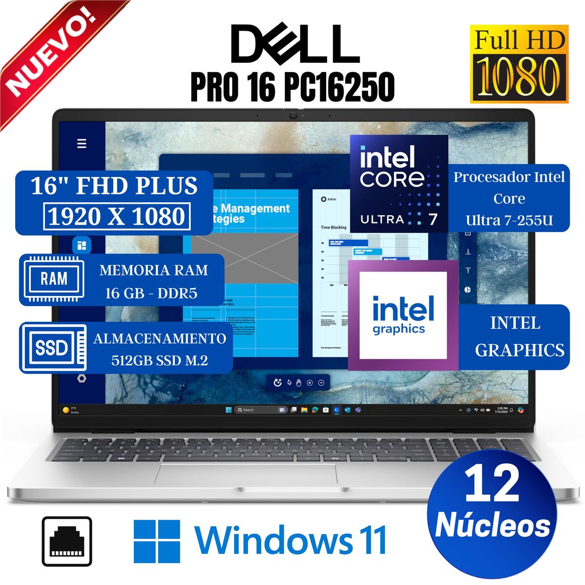 DELL - Laptop Dell Pro 16 PC16250 16” FHD Plus, Intel Core Ultra 7-255U, Ram 16GB, Ssd 512 GB, Win 11 Pro