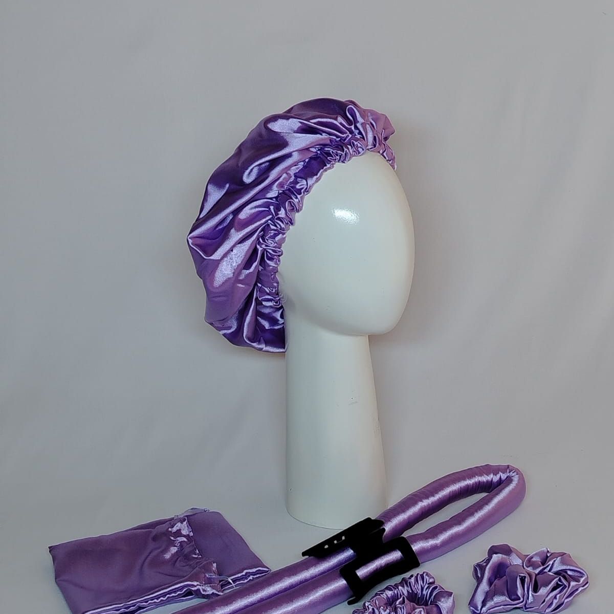 GENERICO - SET DE GORRO DE SATIN + ONDULADOR SIN CALOR LILA