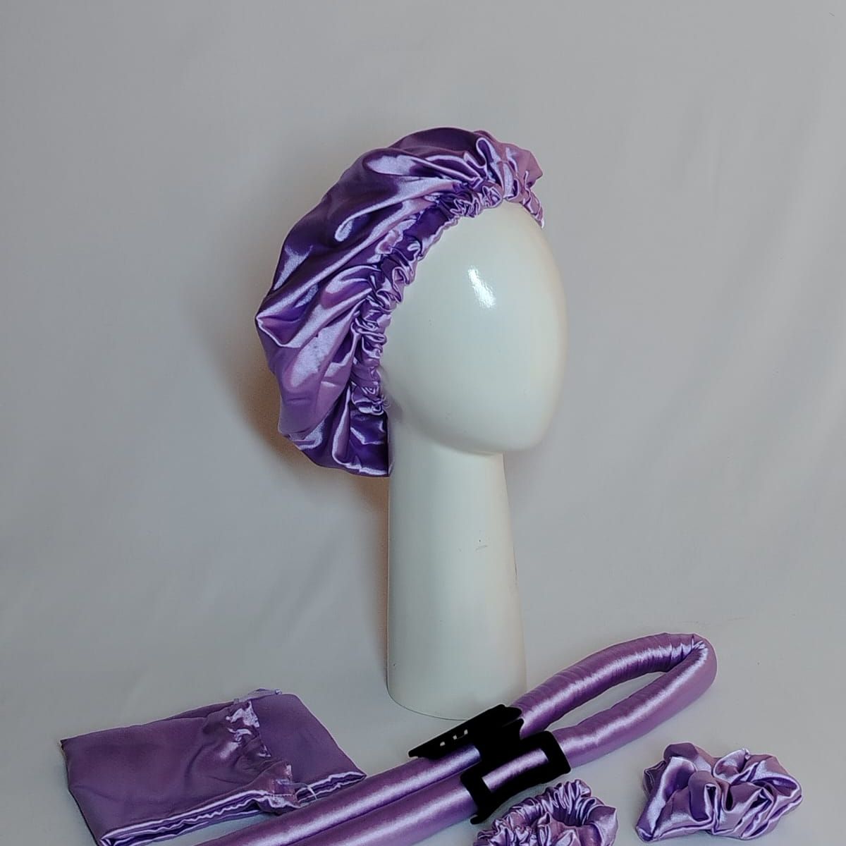 GENERICO - SET DE GORRO DE SATIN + ONDULADOR SIN CALOR LILA