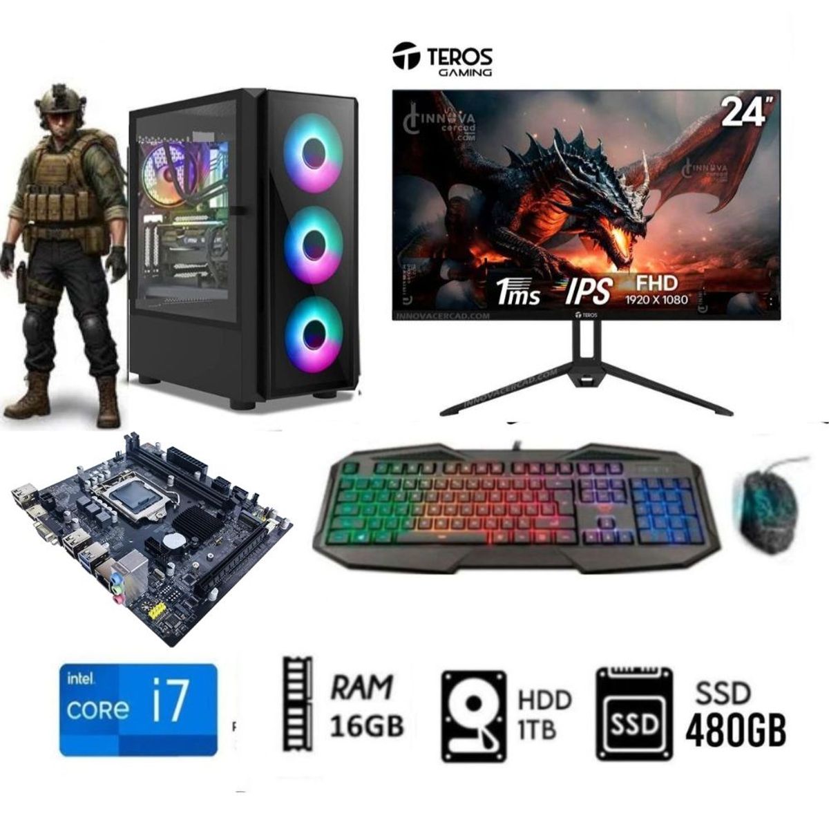 INTEL - Computadora PC CORE i7 3.2Ghz  Ram 16GB Disco 1TB+ SSD 480GB Monitor 24 FULL HD