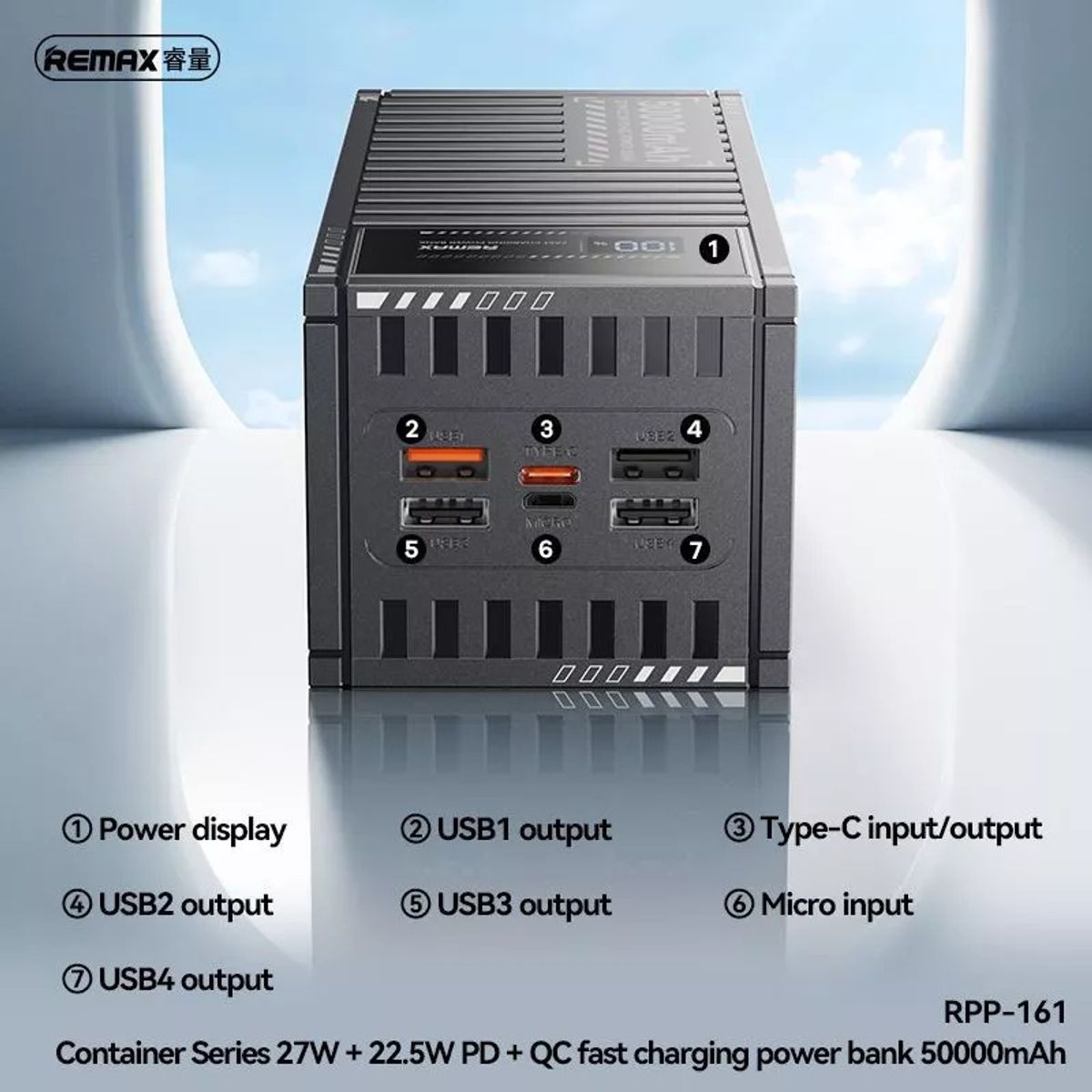 REMAX - Power Bank 50000 Remax Carga Rapida 27w Rpp-161 - Gray