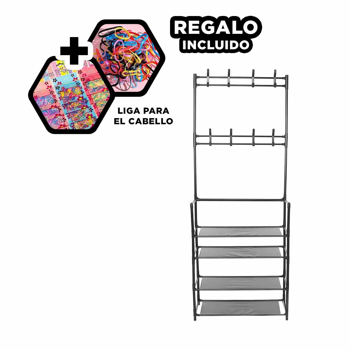 GENERICO - Rack con Ganchos Derecho 4 N en Negro Y+Ligas de Regalo