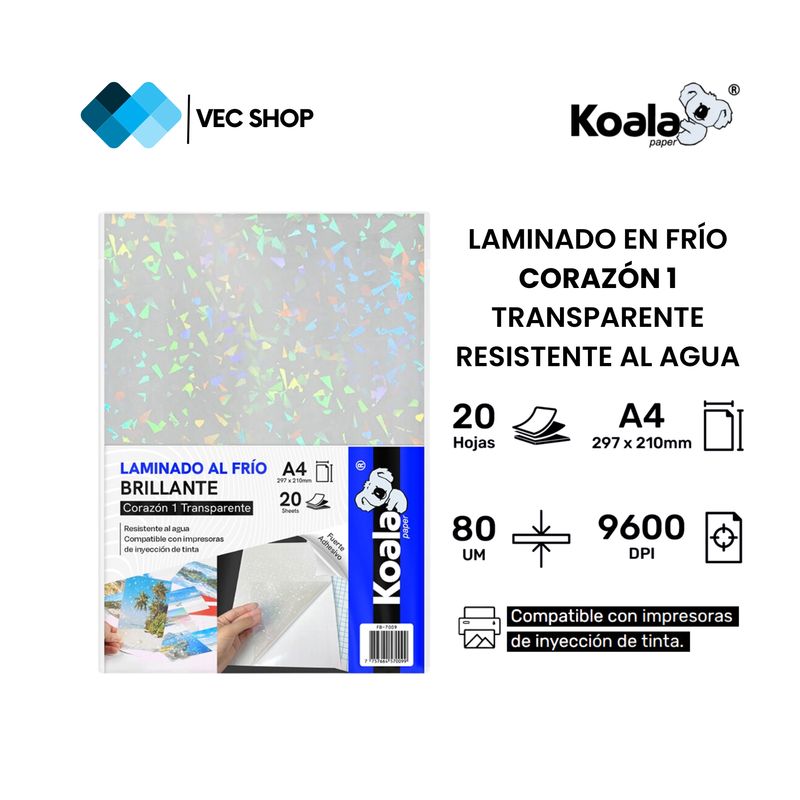 KOALA - Laminado en Frío Corazón 1 Transparente A4 20 hojas