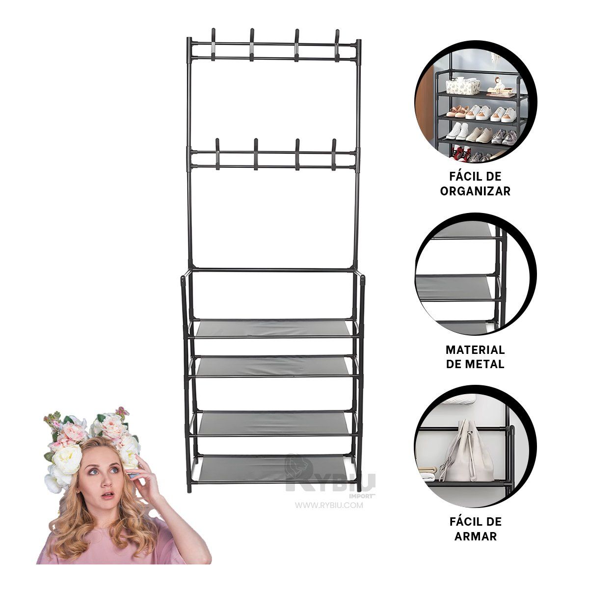 GENERICO - Soporte Multiuso con Percheros en Negro Y+Gift Stickers