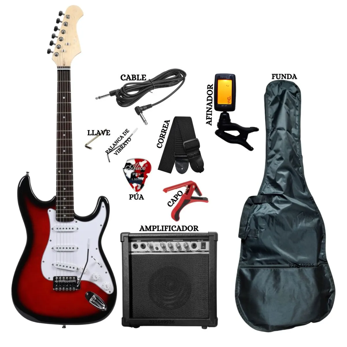 GENERICO - PACK de Guitarra Eléctrica &Amplificador&Afinador&Funda&Capo