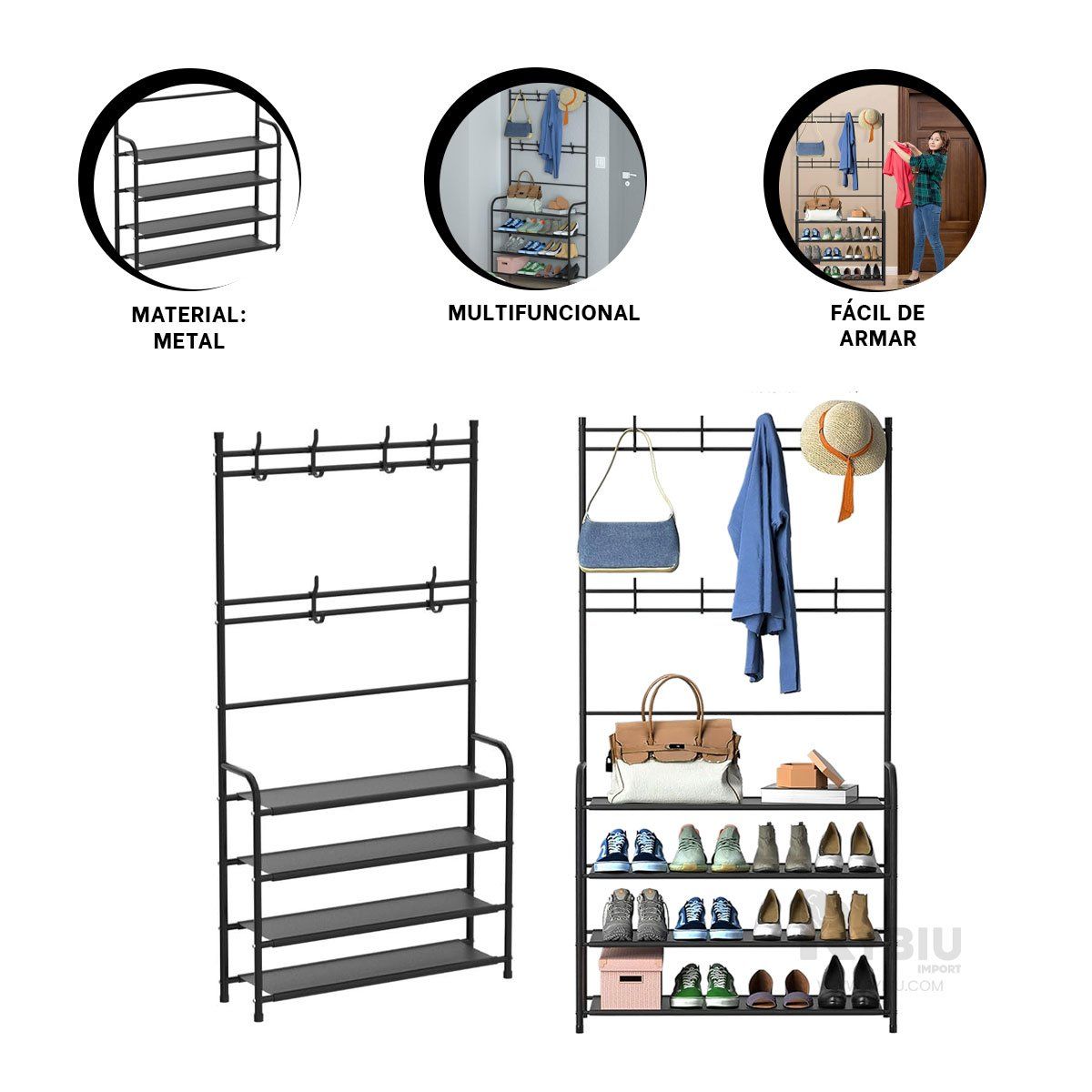 GENERICO - Soporte Multiuso con Percheros Curvo Negro Y+Gift Stickers