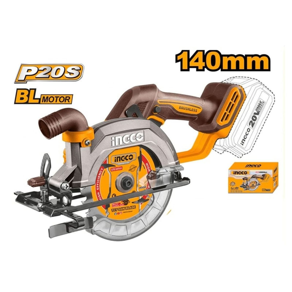 INGCO TOOLS - Sierra Circular Inalámbrica 20v 140mm Brushless INGCO CSLI1402