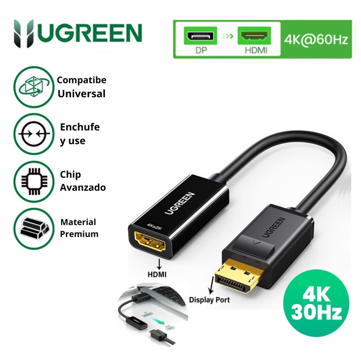 UGREEN - Adaptador Cable Display Port DPI A HDMI 4K 30HZ UGREEN MM137