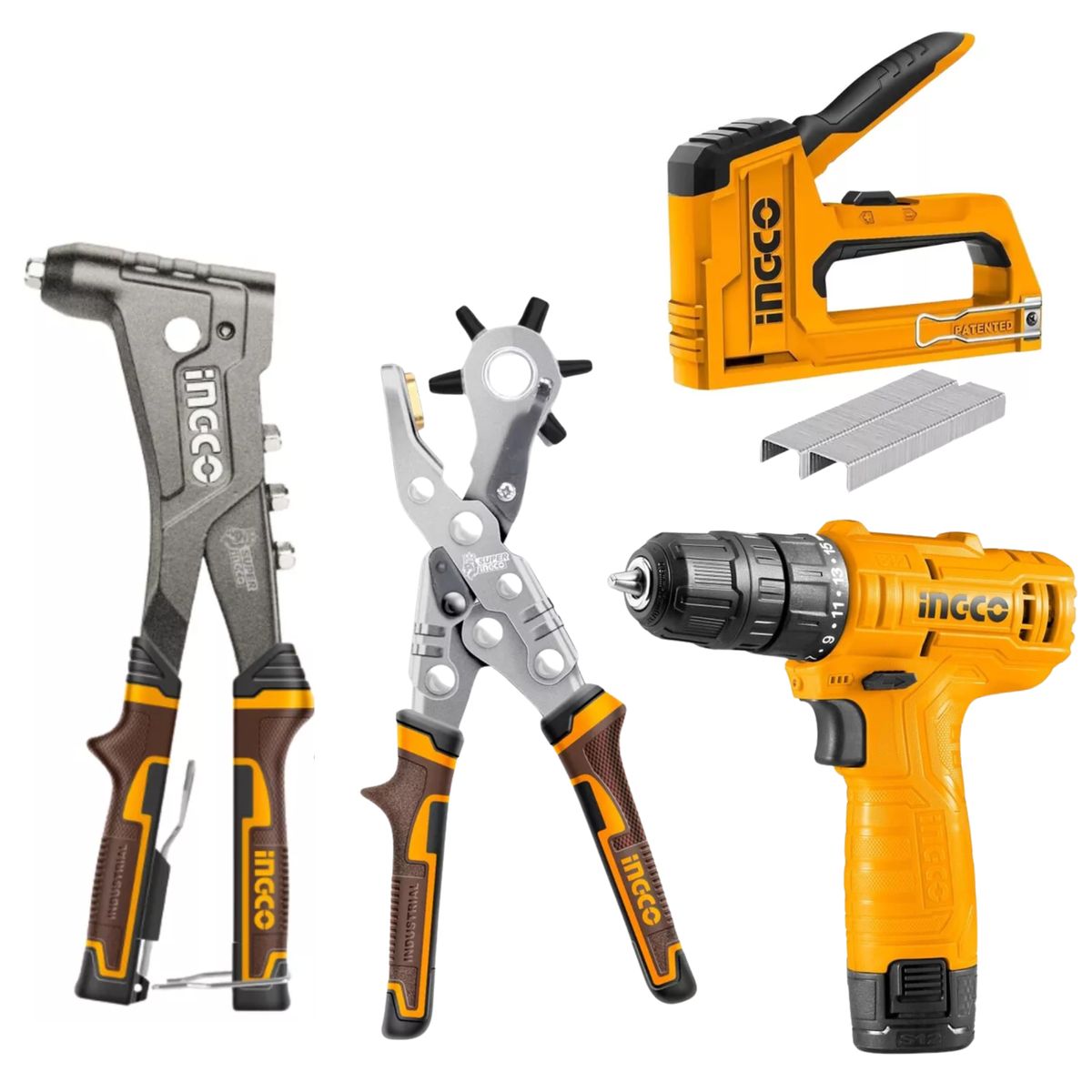 INGCO TOOLS - Taladro + Remachadora alicate sacabocado + Engrapadora clavadora
