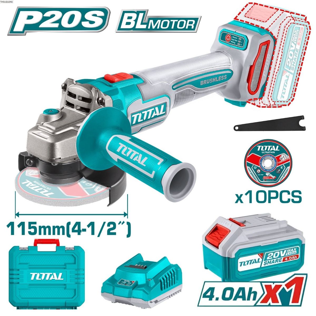 TOTAL TOOLS - AMOLADORA BRUSHLESS 20V, CON 1 BATERÍA Y EN MALETA-TAGLI211541